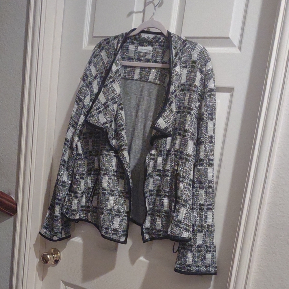 Calvin Klein Moto Blazer with Black And White Geometric Tweed Pattern